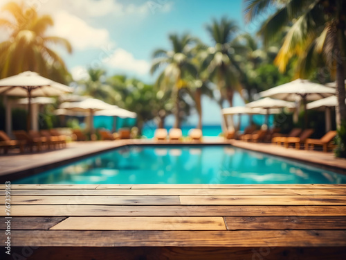 Wooden table pool bokeh background  empty wood desk product display mockup with blurry tropical hotel resort abstract poolside summer travel backdrop advertising presentation. Mock-up  copy space