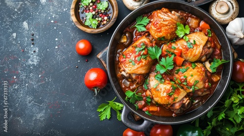 Basque chicken is traditionally stewed with vegetables (tomatoes, peppers, mushrooms) and spices. French dish