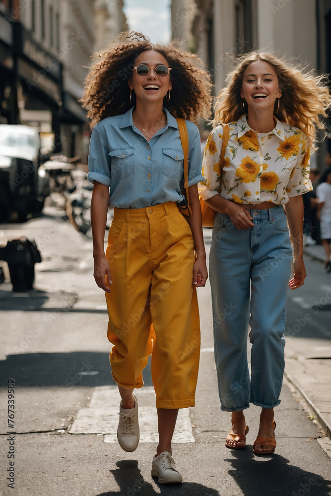 Junge Frauen genießen sommerlichen Stadtbummel in stylischer Mode