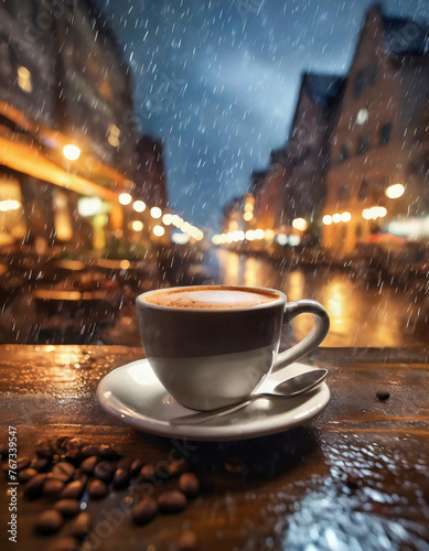 Cappuccino in a white cup on a wooden table in the rain with cityscape at night