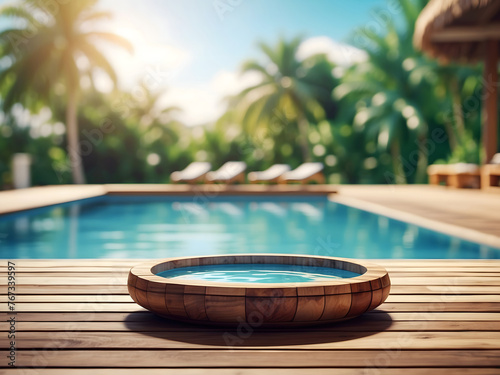 Wooden table pool bokeh background  empty wood desk product display mockup with blurry tropical hotel resort abstract poolside summer travel backdrop advertising presentation. Mock-up  copy space