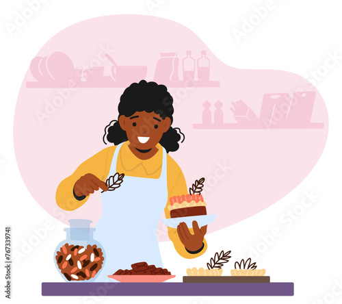 Black Woman Character Delicately Adorns A Cake In Her Kitchen, Carefully Crafting Intricate Designs With Chocolate
