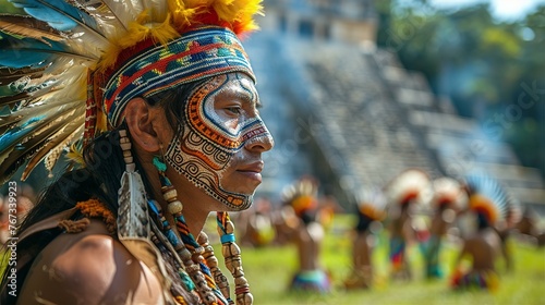 Young Mayan man wearing traditional feathers head crown, face painting and tattoo decoration. History, traditions and Inca, Aztec culture concept portrait 