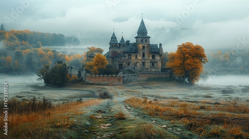 German medieval castle locates on hill at rural countryside, reconstructed in 19th century. Morning view in fog and mist.   photo