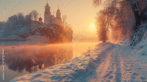 Old Russian monastery situated on river or lake island at early morning mist and fog, gentle sunrise light
