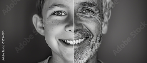 portrait of same young and old man smiling, AI generated