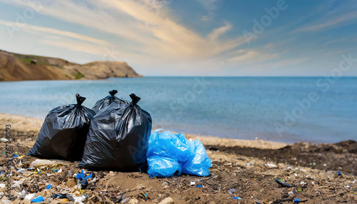 little Garbage dump or dump site on seashore background as a Waste disposal concept