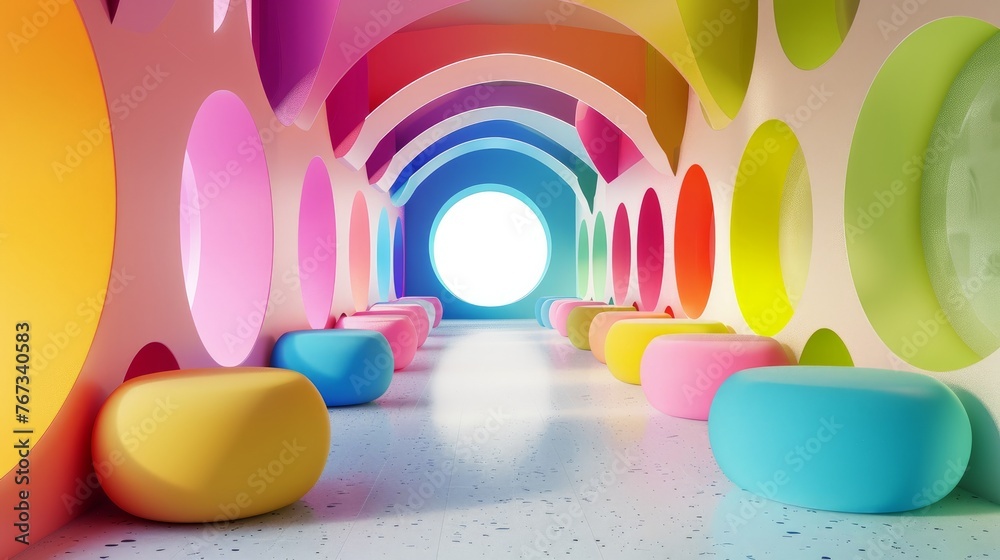 A vibrant and immersive 3D rendering of a room filled with colorful circles A vibrant and immersive 3D rendering of a room filled with colorful circles
