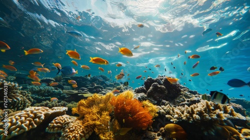 School of Fish Swimming Over Coral Reef © Prostock-studio