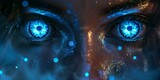 Woman's blue eyes in the dark. Fire. Piercing eyes. Burning demonic eyes. Fiery Mysterious. Magic, secrecy, mysticism, visual effect. Hypnosis, power of sight. Look. Close up. Game art. Man