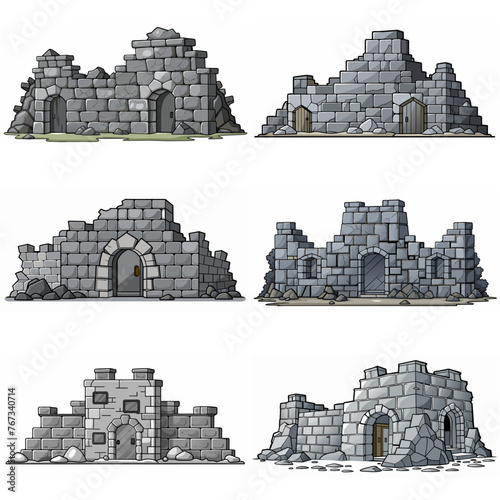 Ancient medieval stone ruins set. Broken castle, fort, temple ruins. Rock building. Ancient kingdom city element, fortress, old citadel structure, arch. Grey stone brick wall vector illustration.
