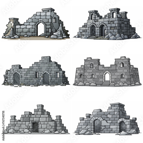 Ancient medieval stone ruins set. Broken castle, fort, temple ruins. Rock building. Ancient kingdom city element, fortress, old citadel structure, arch. Grey stone brick wall vector illustration.