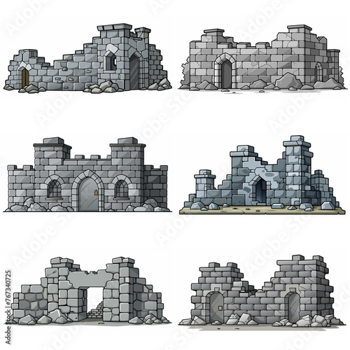 Ancient medieval stone ruins set. Broken castle, fort, temple ruins. Rock building. Ancient kingdom city element, fortress, old citadel structure, arch. Grey stone brick wall vector illustration.