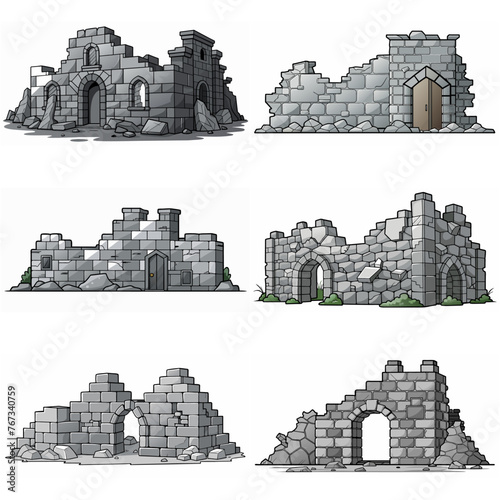 Ancient medieval stone ruins set. Broken castle, fort, temple ruins. Rock building. Ancient kingdom city element, fortress, old citadel structure, arch. Grey stone brick wall vector illustration.
