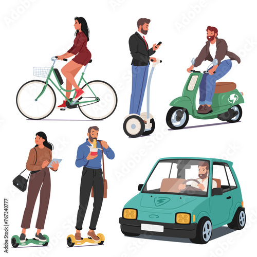 Characters Glide Effortlessly On Electric Scooters And Bikes, Embracing Eco-friendly Travel With Joyful Ease, Vector Set