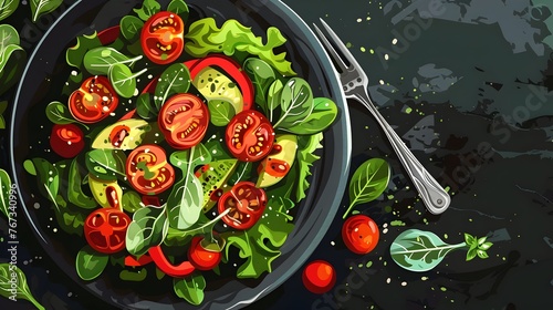 Nutritious Vegan Salad with Fresh Organic Greens and Vibrant Tomatoes on Dark Background Showcasing Healthy Eating and Sustainable Lifestyle