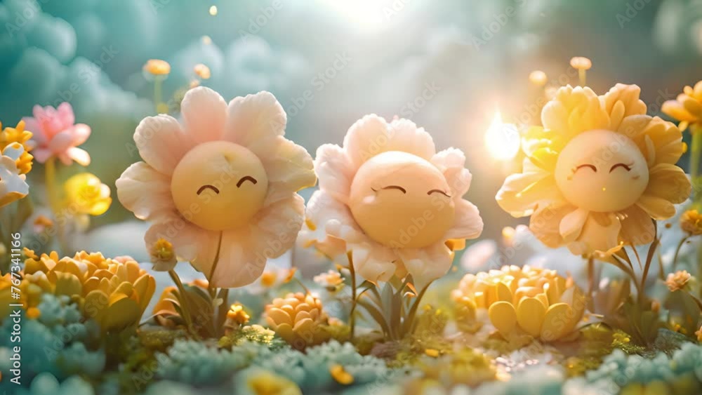 3d Animation cartoon happy spring flowers smiling. Animated background colorful spring flowers. Colorful summer garden with sunlight shining. 4k video 3d Animation cartoon happy spring flowers smiling. Animated background colorful spring flowers. Colorful summer garden with sunlight shining. 4k video