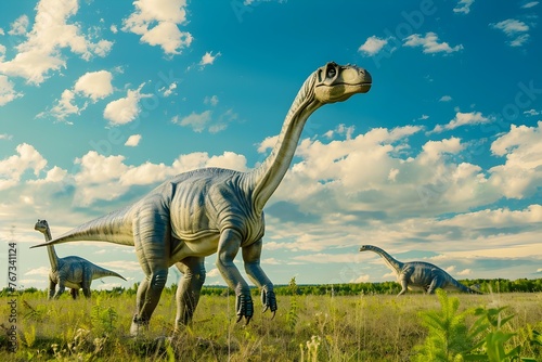 Prehistoric Dinosaurs Roaming in Lush Triassic Landscape with Dramatic Sky Background