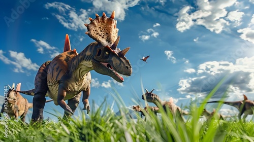 Prehistoric Dinosaurs Roaming Lush Triassic Period Landscape with Verdant Grass and Cloudy Blue Sky © Mickey
