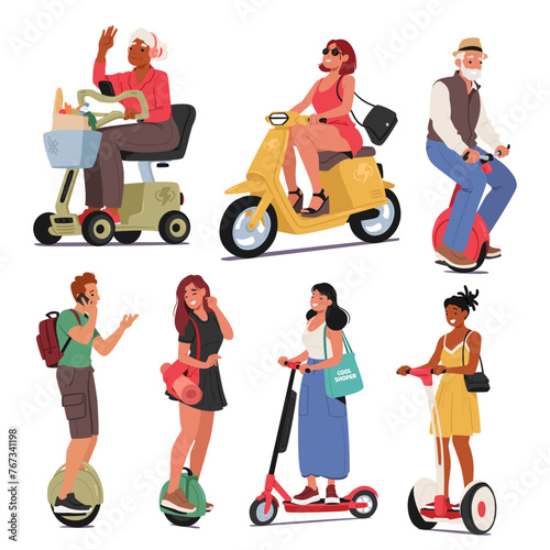 Characters Glide Through Cityscapes On Electric Scooters And Bikes, Embodying Modern Eco-friendly Commuting, Vector Set