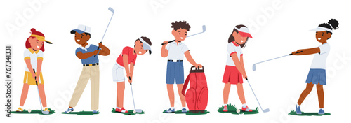 Children Characters With Focused Expressions, Swing Their Clubs Gently, On A Miniature Golf Course, Vector Illustration