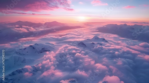 Landscape of a pink and violet sky with sunset clouds, Fantastic orange evening landscape glowing by sunlight. Dramatic wintry scene with snowy trees. Carpathians, Ukraine, Europe, AI Generated  photo