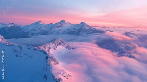 Landscape of a pink and violet sky with sunset clouds, Fantastic orange evening landscape glowing by sunlight. Dramatic wintry scene with snowy trees. Carpathians, Ukraine, Europe, AI Generated 