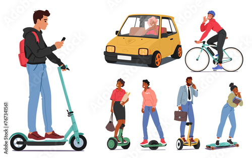 Characters On Electric Transport Enjoy Swift, Silent Rides. Eco-friendly And Futuristic Commuters, Vector Illustration