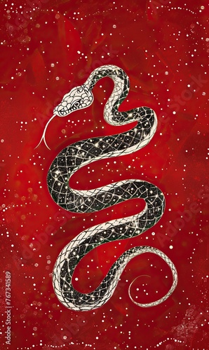 An artistic depiction of a snake against a red background
