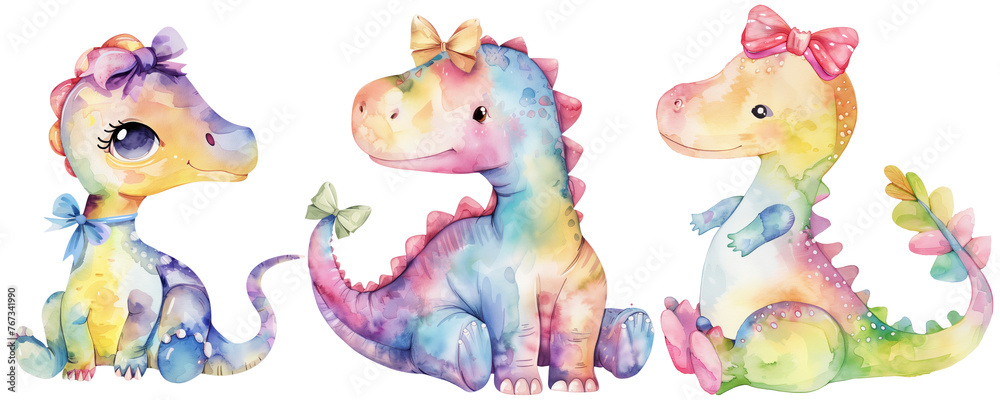 Trio of whimsical watercolor dinosaurs with bows  isolated on transparent background	
