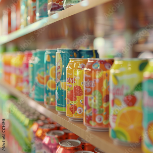 Colorful beverage cans lined up on store shelves.