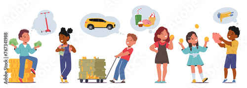 Kids Characters With Money Dreamily Plan Their Purchases Of Candy And Toys, Envisioning Gleaming Treasures And Games