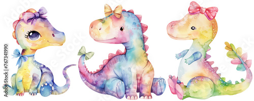 Trio of whimsical watercolor dinosaurs with bows  isolated on transparent background 
