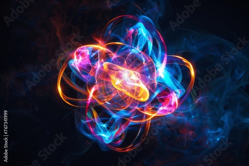 Atomic quantum energy concept with dynamic light trails against a dark, smoky background