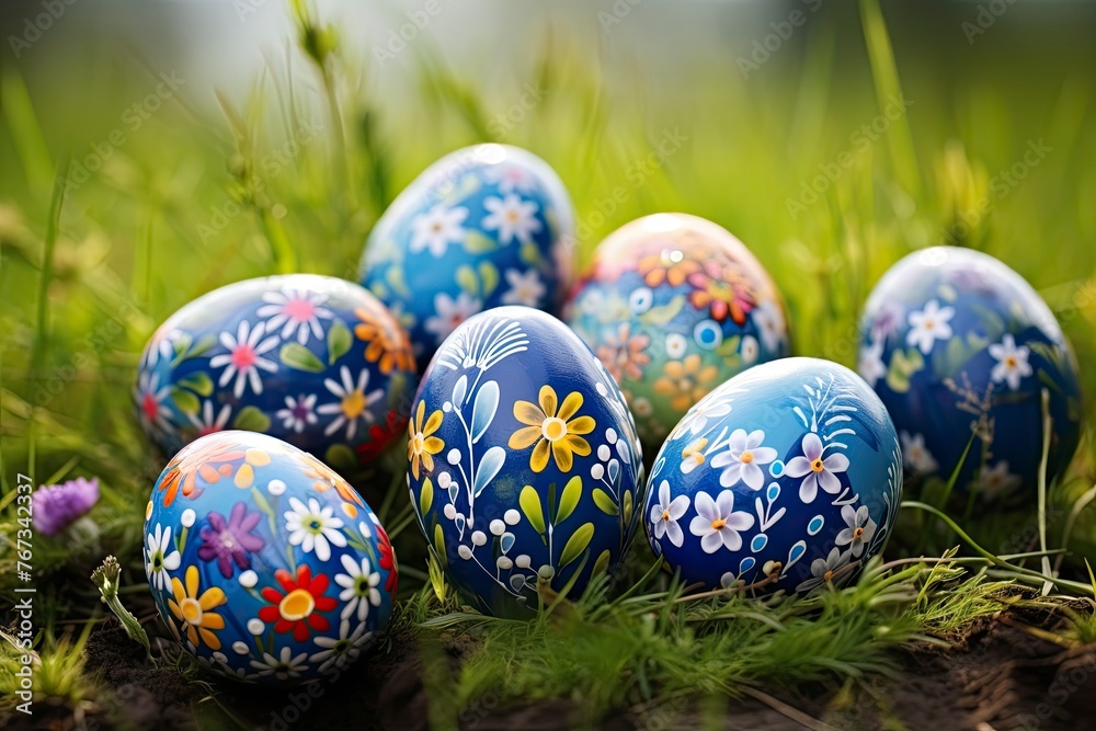 Easter eggs decorated with flowers in the grass - generative ai