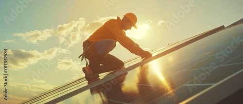 Man worker installing solar photovoltaic panels on roof, alternative energy concept