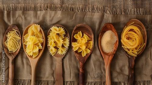 Different pasta types in wooden spoons on the table