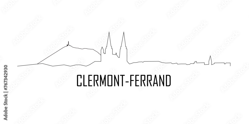 Silhouette de la ville de Clermont-Ferrand avec la cathédrale et le Puy de Dôme. Noir & blanc. Texte Clermont-Ferrand. Contour ligne noire