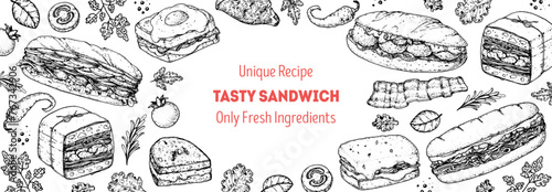 Tasty sandwich frame. Menu design template. Sandwich sketches. Unique recipe. Hand drawn vector illustration. © DiViArts