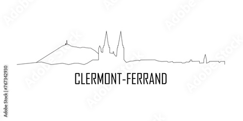 Silhouette de la ville de Clermont-Ferrand avec la cathédrale et le Puy de Dôme. Noir & blanc. Texte Clermont-Ferrand. Contour ligne noire