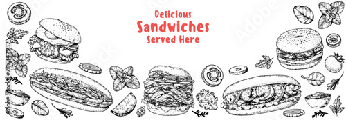 Delicious sandwich frame. Menu design template. Sandwich sketches. Unique recipe. Hand drawn vector illustration.