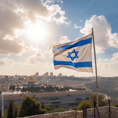 Israeli Flag Fluttering over Sunny Jerusalem Skyline