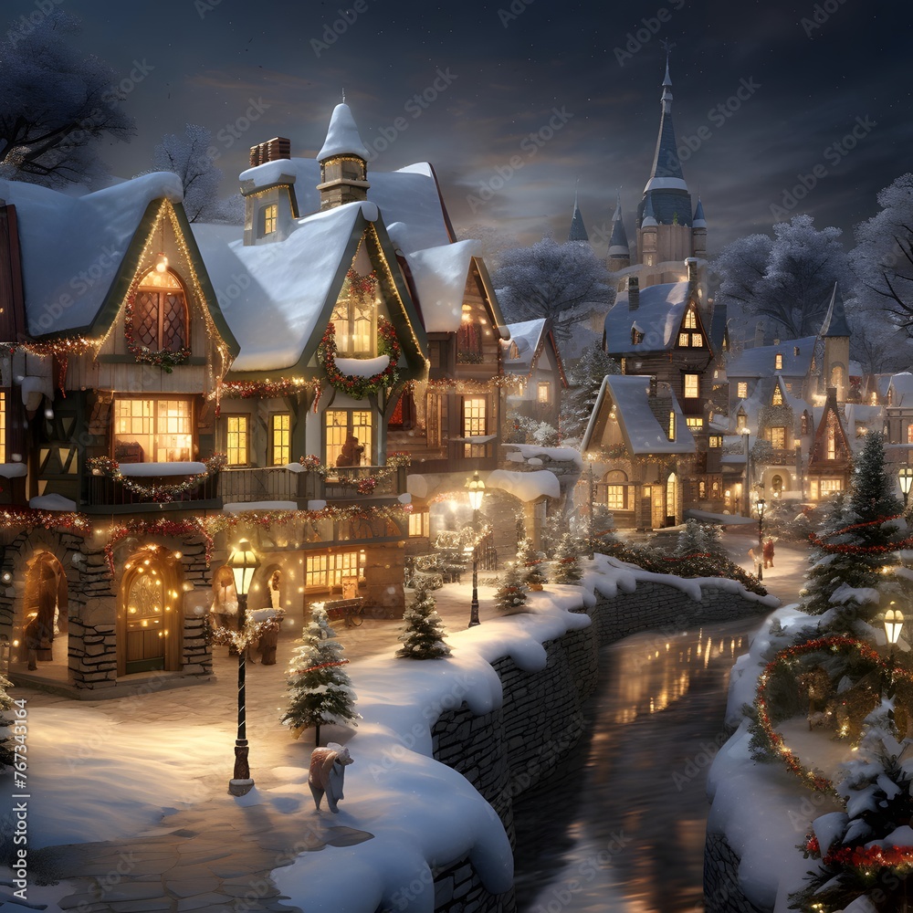 Winter Christmas and New Year holiday background with Christmas trees and houses in the snow