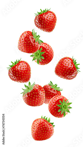 Falling strawberry isolated on white background  full depth of field  high quality photo