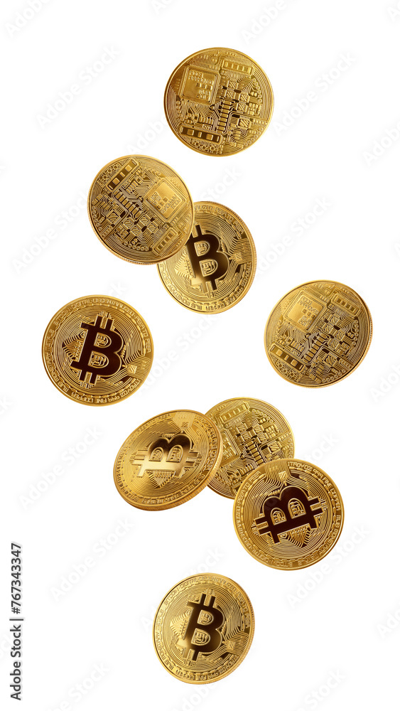 Falling Bitcoin isolated on white background, full depth of field Falling Bitcoin isolated on white background, full depth of field