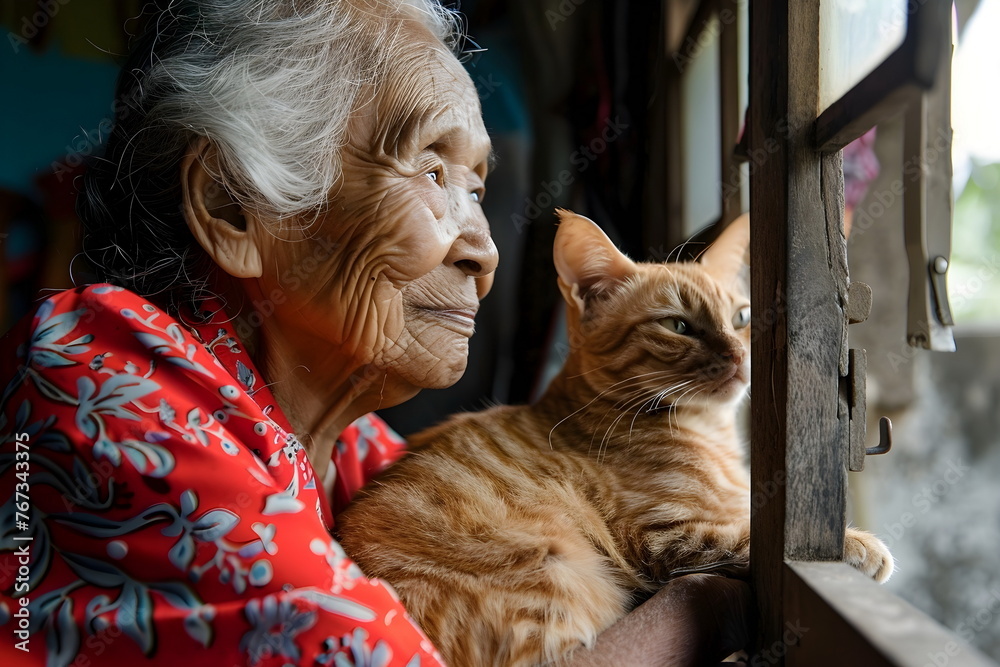 closeup of old woman hug cat at home