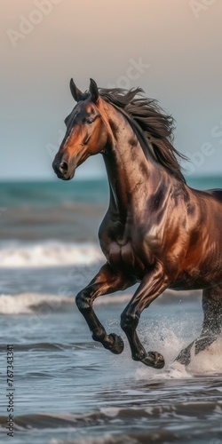 Majestic horse galloping on sandy beach