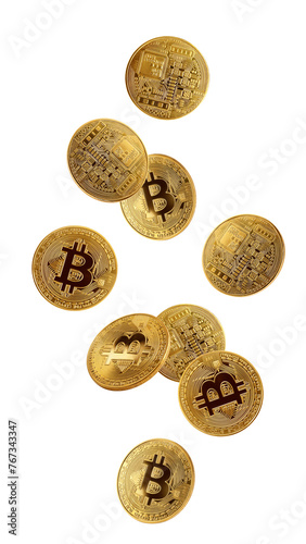 Falling Bitcoin isolated on white background, full depth of field photo