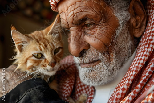 closeup of old man hug cat at home