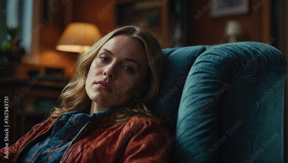 Obraz premium woman sitting on the sofa at home, close-up